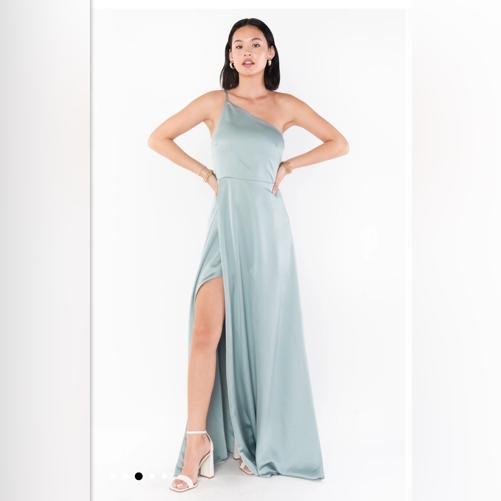 Show me Your Mumu Shannon One Shoulder Dress Silver Sage Luxe Satin Sz S NWT